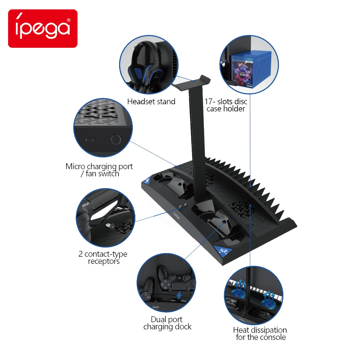IPEGA Play Station 4 charging dock 6 in 1 charger charging dock game USB cable accessory Play Station 4 cooling fan
IPEGA Play Station 4 charging dock 6 in 1 charger charging dock game USB cable accessory Play Station 4 cooling fan