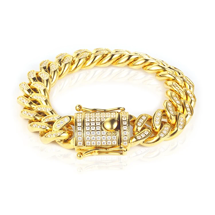 Hip Hop Jewelry Stainless Steel Full 3A Zircon Cuban Chain Link Bracelets For Men, Gold 
Hip Hop Jewelry Stainless Steel Full 3A Zircon Cuban Chain Link Bracelets For Men, Gold