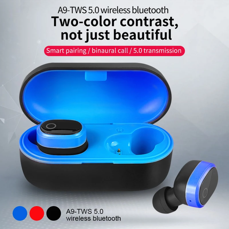 A9 Wireless Bluetooth 5.0 Stereo Headset In-Ear Earphone With Charging Bin Red Blue Black Bluetooth headset in ear fashion - ANKUX.COM