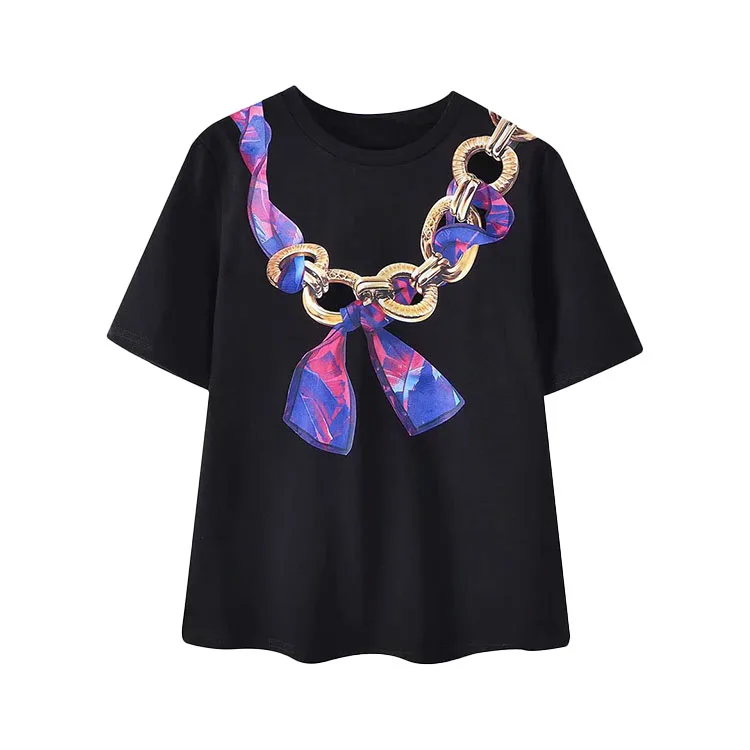 BMURHMZA2021 summer new women's casual solid color Euro American round neck printed chain short sleeve T-shirt
BMURHMZA2021 summer new women's casual solid color Euro American round neck printed chain short sleeve T-shirt