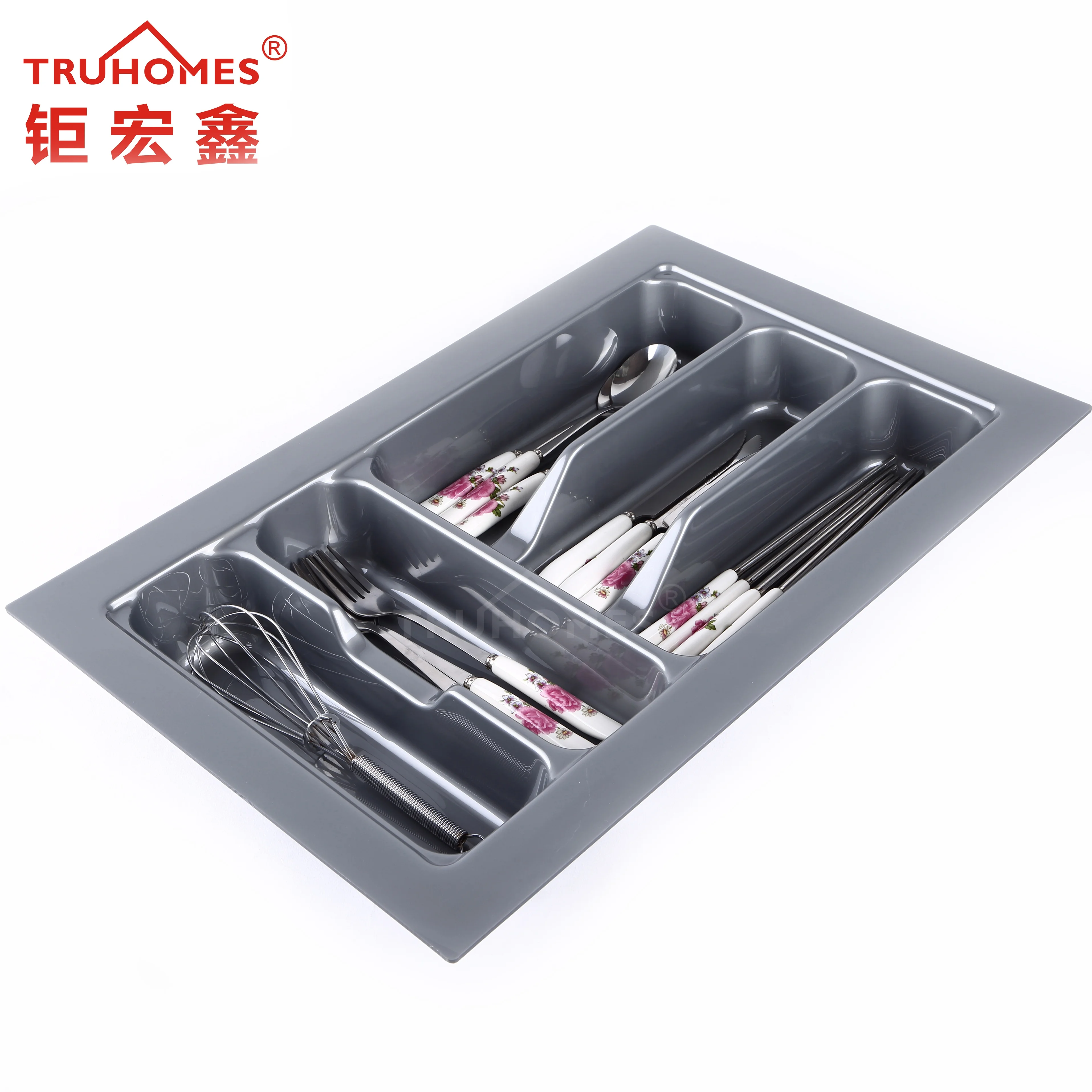 Adjustable cutlery tray in kitchen drawer, White/gray/customized
Adjustable cutlery tray in kitchen drawer, White/gray/customized