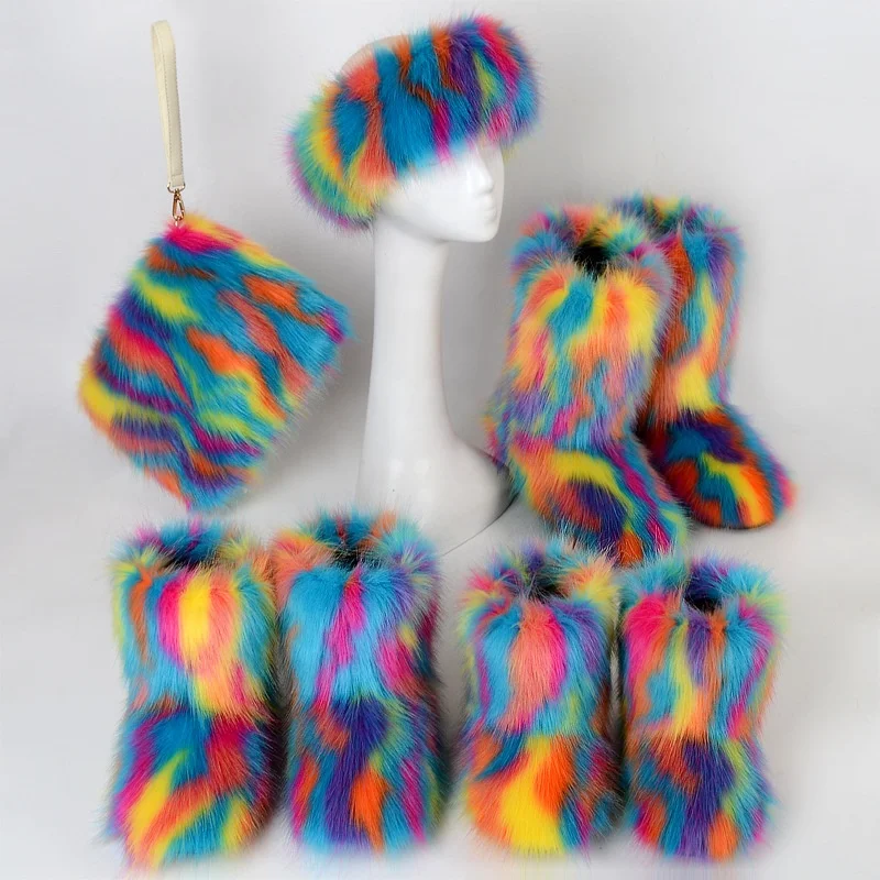 Popular Multi color rainbow beautiful colorful high quality winter fluffy fur boots set women fur boot with headband and bag, 17 color options
Popular Multi color rainbow beautiful colorful high quality winter fluffy fur boots set women fur boot with headband and bag, 17 color options