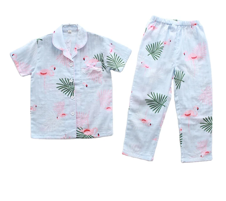 Sweet cotton double-layer gauze thin flamingo children's long-sleeved trousers pajamas
Sweet cotton double-layer gauze thin flamingo children's long-sleeved trousers pajamas