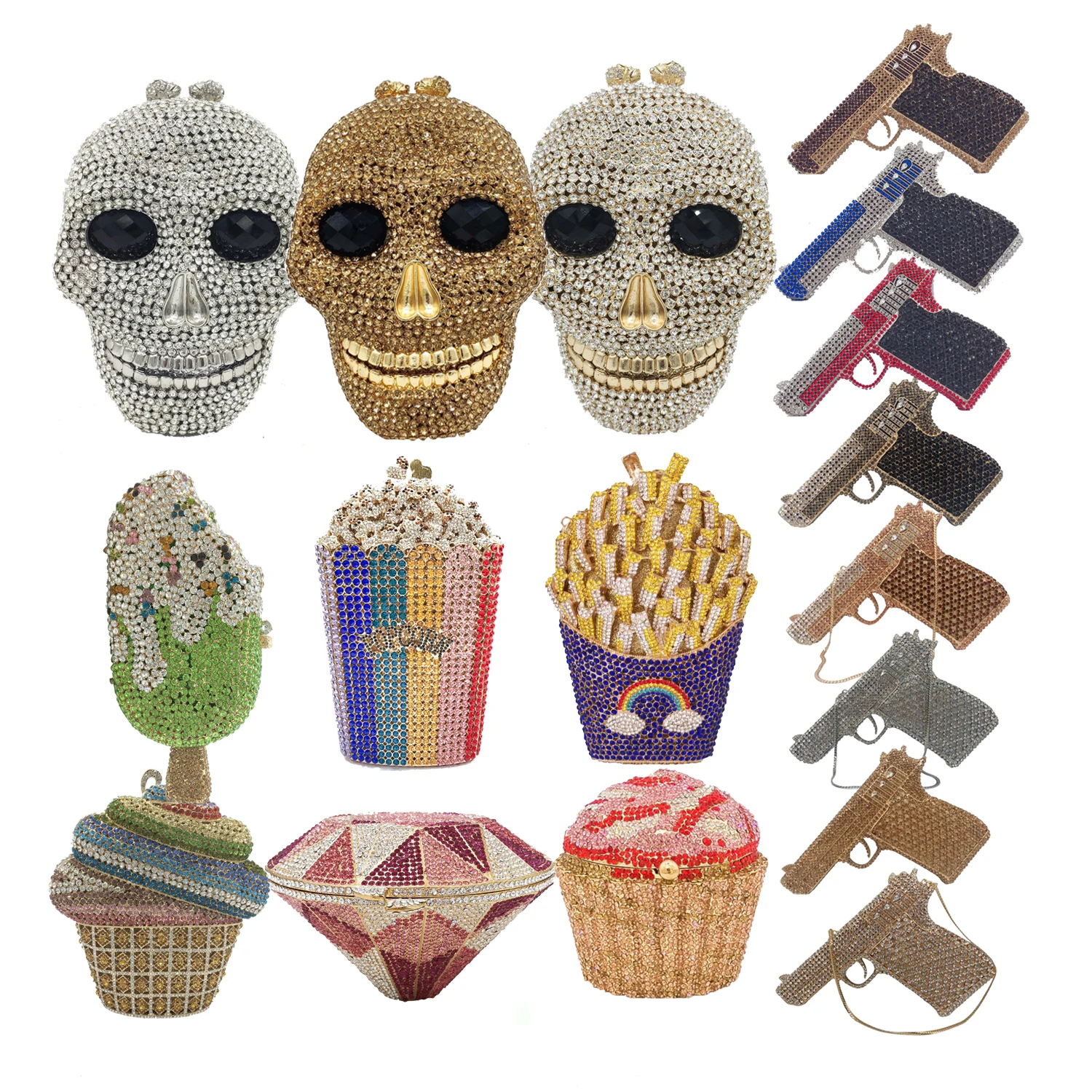 2021 women wedding bridal bling diamond party skull handbag hand rhinestone ice cream clutch popcorn gun purse evening bags, Customized
2021 women wedding bridal bling diamond party skull handbag hand rhinestone ice cream clutch popcorn gun purse evening bags, Customized