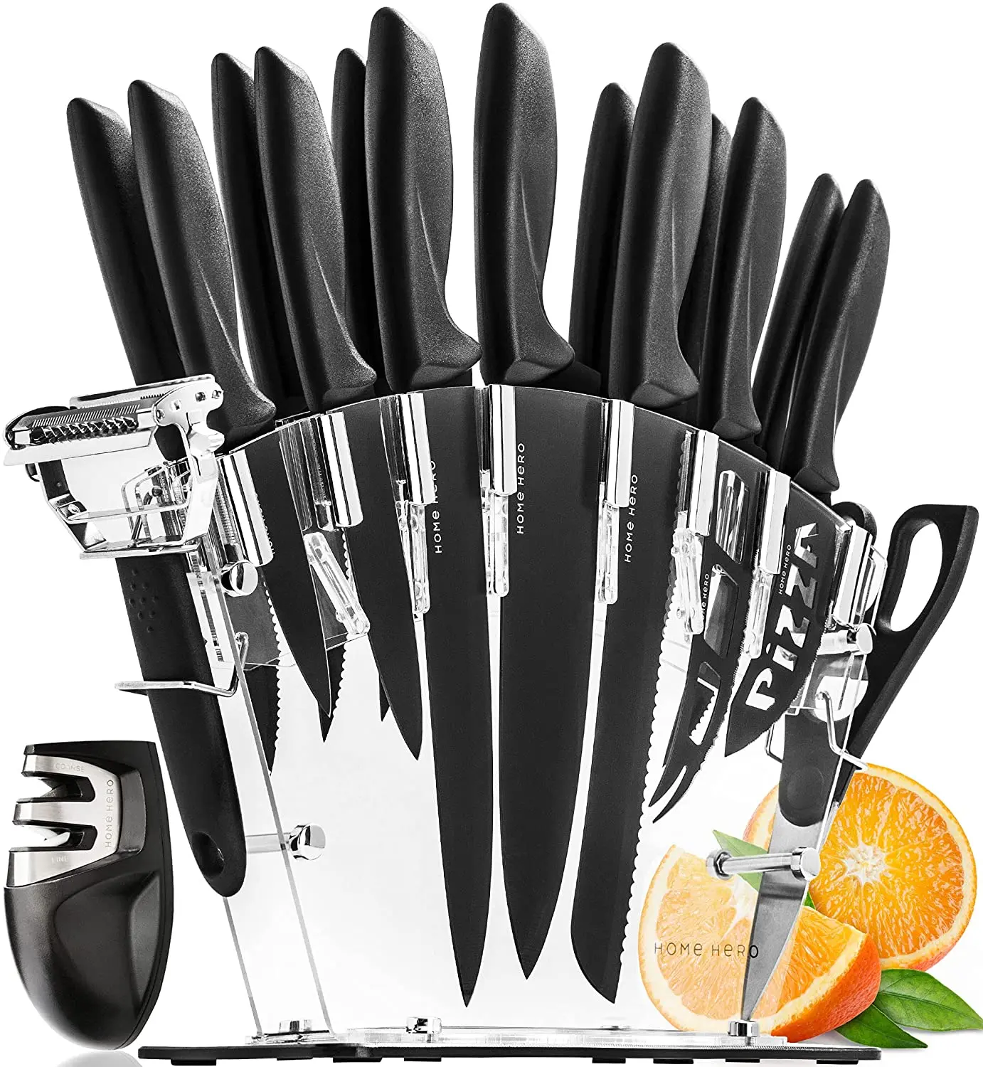 17 Pieces Kitchen Knives Set, 13 Stainless Steel Knives Acrylic Stand, Scissors, Peeler and Knife Sharpener
17 Pieces Kitchen Knives Set, 13 Stainless Steel Knives Acrylic Stand, Scissors, Peeler and Knife Sharpener
