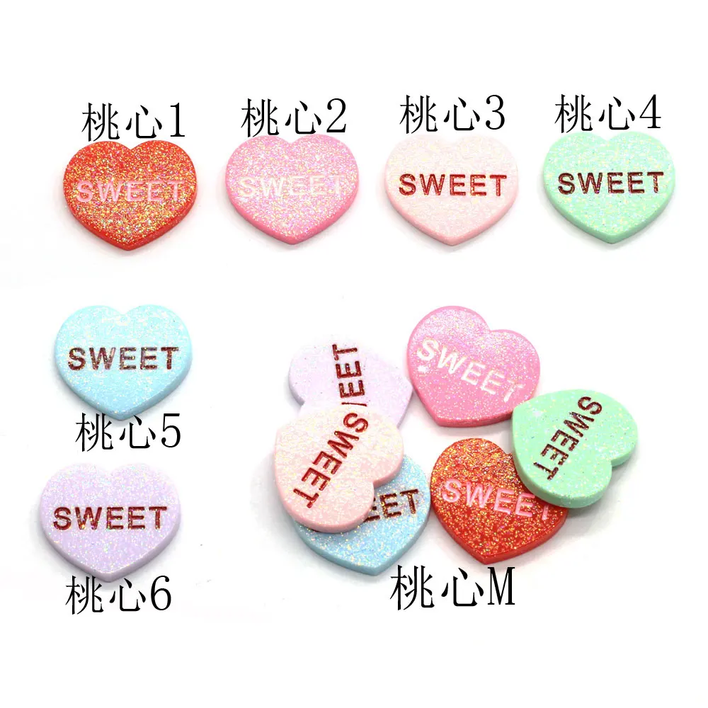 100pcs kawaii resin glitter love heart with sweet