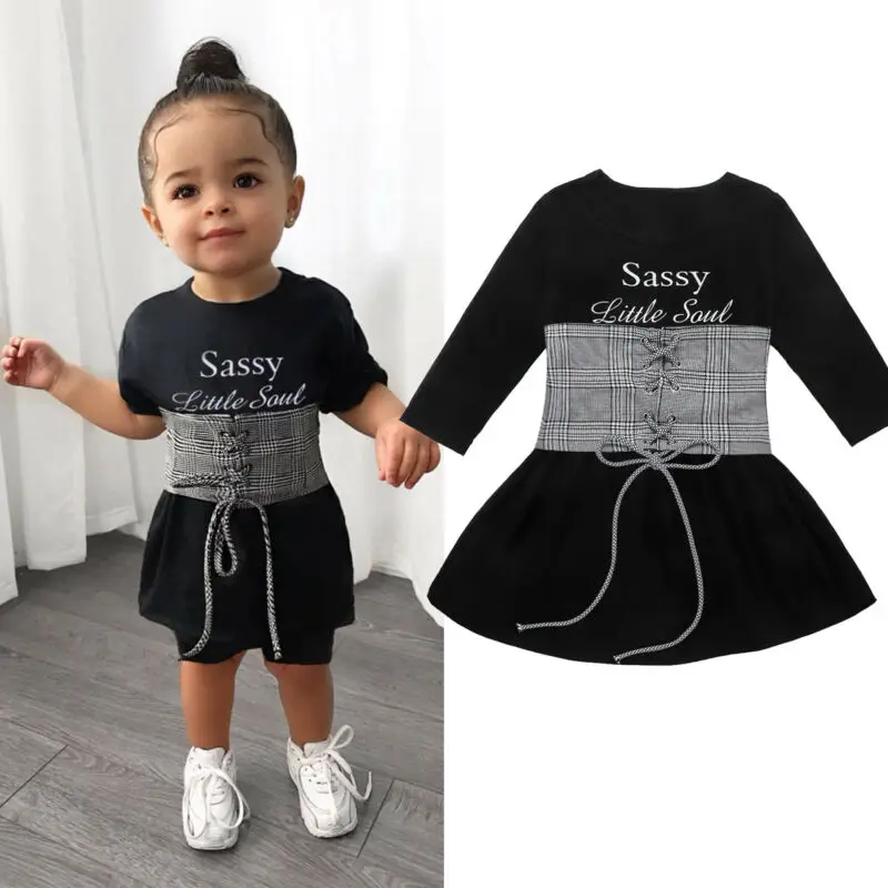 Wholesale Long Sleeve T-Shirt Dress+Plaid Waist Band Children Spring Outfit Baby Girls Boutique Bell Sleeve Black Dress, Picture shows
Wholesale Long Sleeve T-Shirt Dress+Plaid Waist Band Children Spring Outfit Baby Girls Boutique Bell Sleeve Black Dress, Picture shows