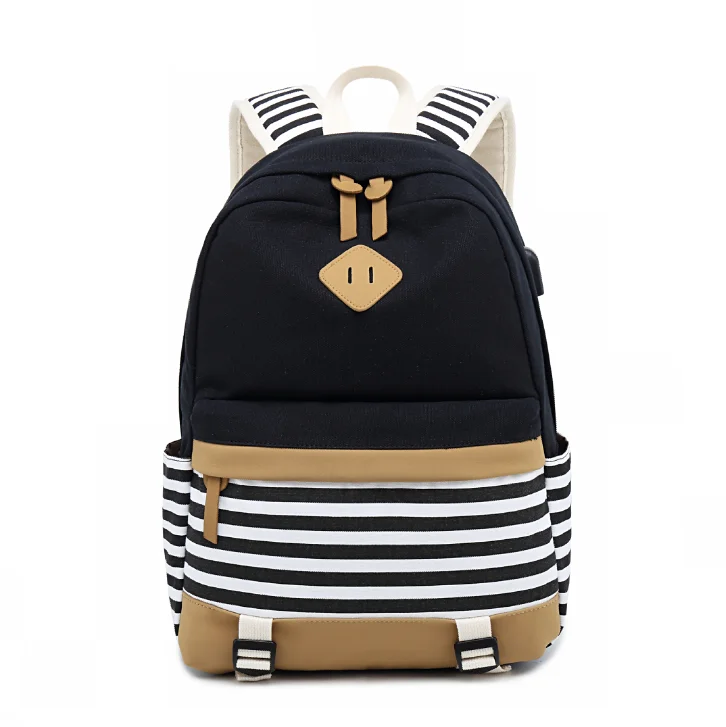Hot sale custom classic striped backpack with USB interface lightweight student schoolbag, Black
Hot sale custom classic striped backpack with USB interface lightweight student schoolbag, Black