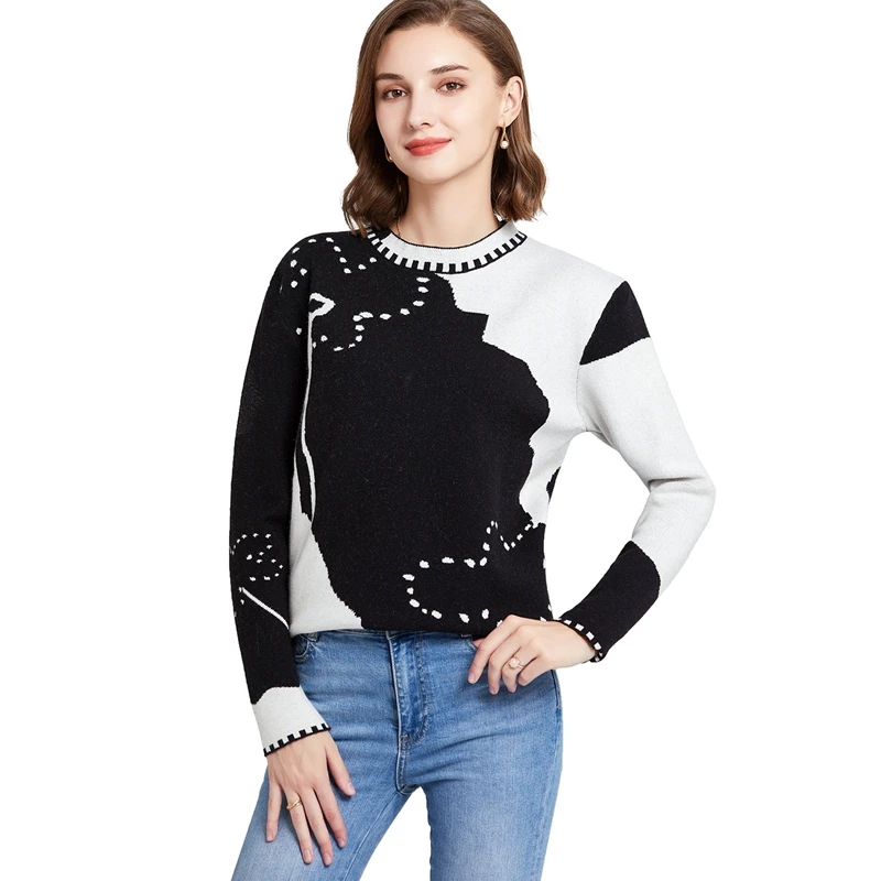 Autumn and winter round collar long sleeve custom crew necked Jacquard design knitted sleeve women sweater
Autumn and winter round collar long sleeve custom crew necked Jacquard design knitted sleeve women sweater