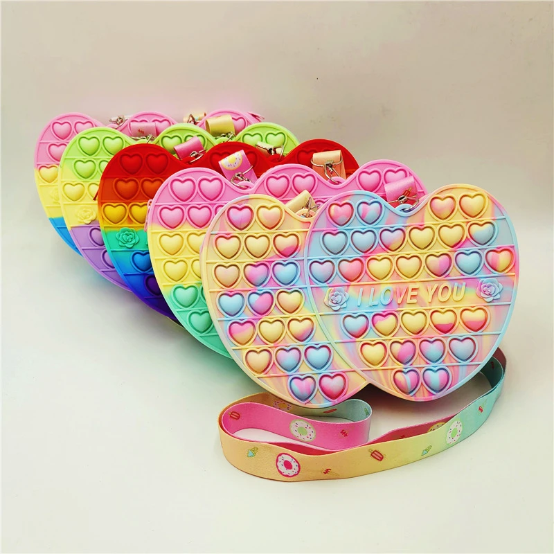 Wholesale Reliever Stress Valentine Day Gift Push Bubble Crossbody Bag Rainbow Heart Shape Silicone kids pop it coin purses, 5 colors
Wholesale Reliever Stress Valentine Day Gift Push Bubble Crossbody Bag Rainbow Heart Shape Silicone kids pop it coin purses, 5 colors