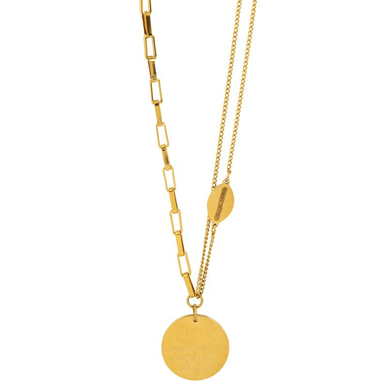 Luxury fastness titanium steel gold-plated coin necklace double T clasp round necklace for women
Luxury fastness titanium steel gold-plated coin necklace double T clasp round necklace for women