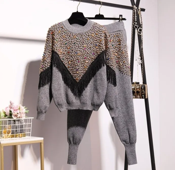 High Street Punk Style Rivet Tassel Rhinestone Beading Long Sleeve Women Sweater Casual Knit Pants 2 Piece Tracksuit Outfits, Black,gray
High Street Punk Style Rivet Tassel Rhinestone Beading Long Sleeve Women Sweater Casual Knit Pants 2 Piece Tracksuit Outfits, Black,gray