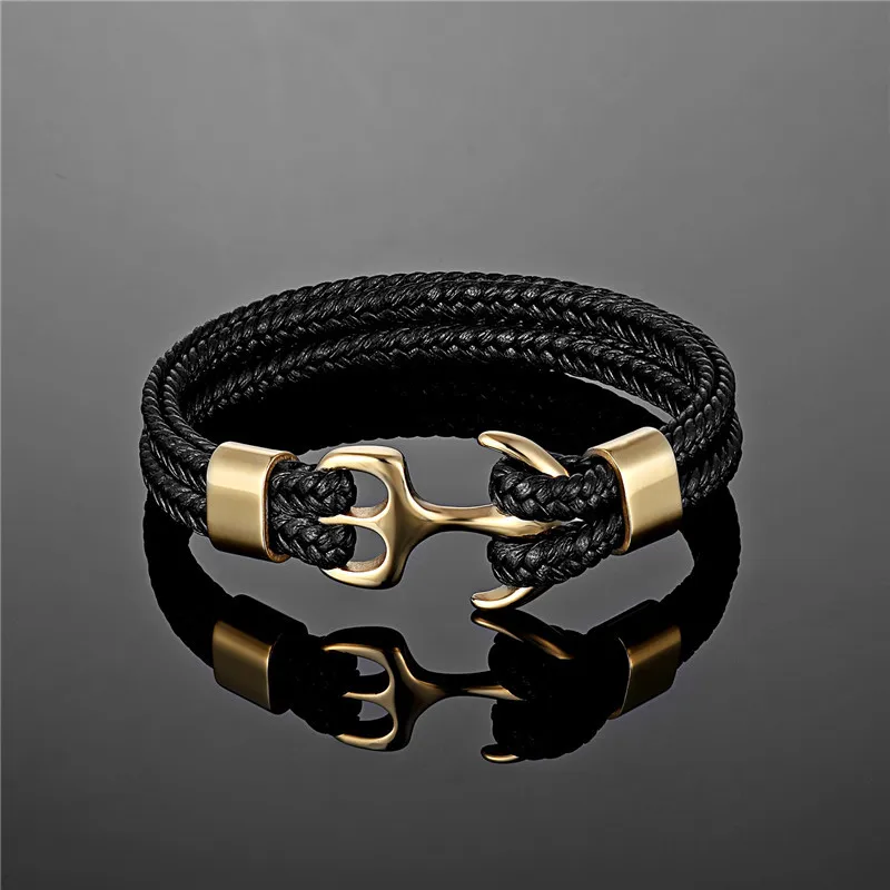 

Fashion Navy Style Jewelry Men stainless steel braided boat anchor buckle Handmade Woven Black Real Leather bracelet