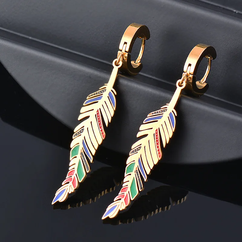 Waterproof Sea Stainless Steel Jewelry Bohemian Long Charm Colorful Drop Oil Golden Leaf Enamel Feather Earrings
Waterproof Sea Stainless Steel Jewelry Bohemian Long Charm Colorful Drop Oil Golden Leaf Enamel Feather Earrings