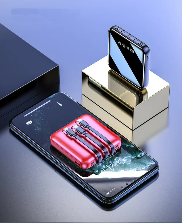 20000mAh Mirror Mini Power Bank Portable LED LCD Fast Charging slim Powerbank Quick Charge Mobile Charger with 3 in 1 cables