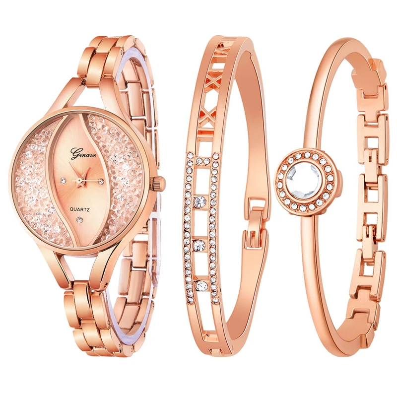 

3 pcs set Ginave Watch Women Flow Sand Diamond Bracelet Watch Luxury Jewelry Ladies Female Girl Hour Casual Quartz Wristwatches
