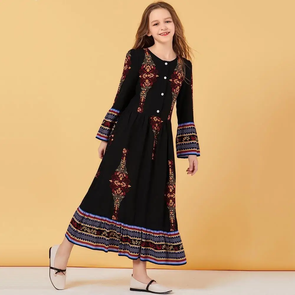

Spring girl fashion style casual trumpet sleeve Cotton kids casual dress child abaya, As picture