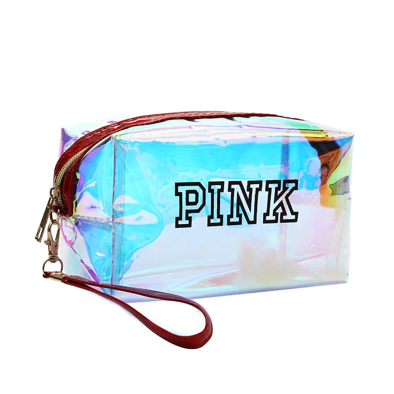 The new PINK laser holographic PVC transparent waterproof Long handle TPU cosmetic makeup bag for women, Customized colors 
The new PINK laser holographic PVC transparent waterproof Long handle TPU cosmetic makeup bag for women, Customized colors