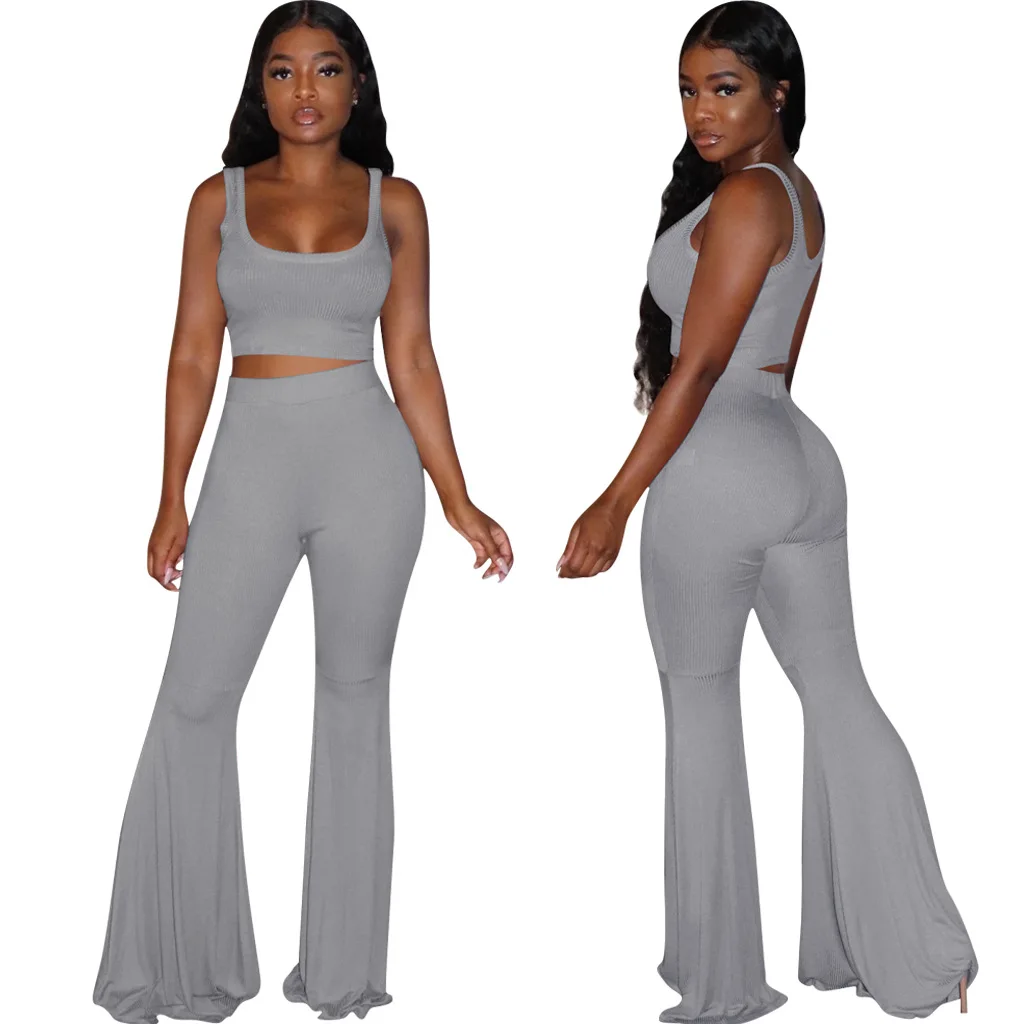 Sexy Two Piece Set Summer Clothes for Women Rib Knit Spaghetti Strap Bra Crop Tops+Bell Bottom Flare Pants 2 Piece Club Outfits
Sexy Two Piece Set Summer Clothes for Women Rib Knit Spaghetti Strap Bra Crop Tops+Bell Bottom Flare Pants 2 Piece Club Outfits