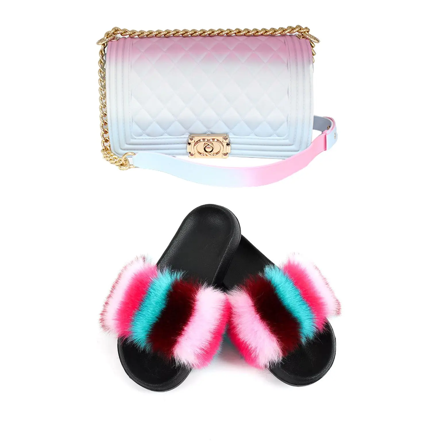 2020 hot selling colorful rainbow handbags jelly bags with matched fur slides for women
2020 hot selling colorful rainbow handbags jelly bags with matched fur slides for women