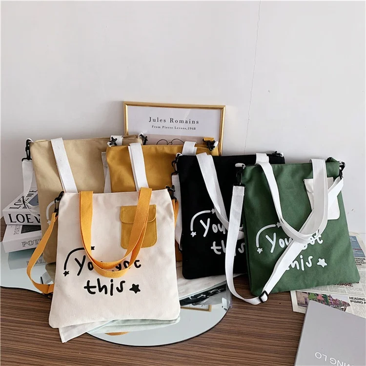 

Custom Printing Eco Cotton Canvas Bags Preppy Style Shopping Tote Bag Women Canvas Single Shoulder Bag, Black, yellow, green, beige, khaki