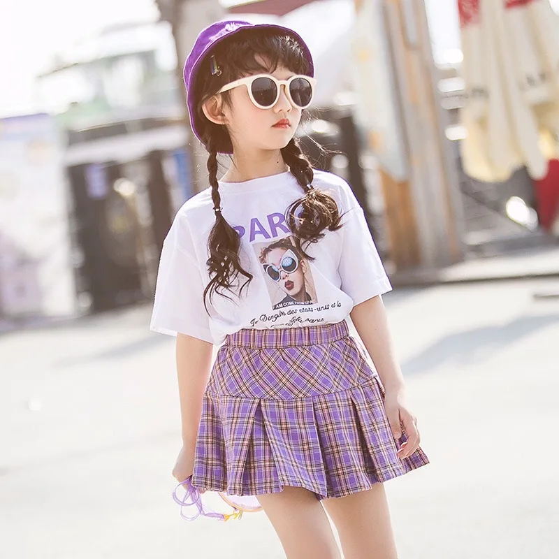 summer printed tshirt and skirt plaid dress girls' two piece clothing sets, Customized 
summer printed tshirt and skirt plaid dress girls' two piece clothing sets, Customized