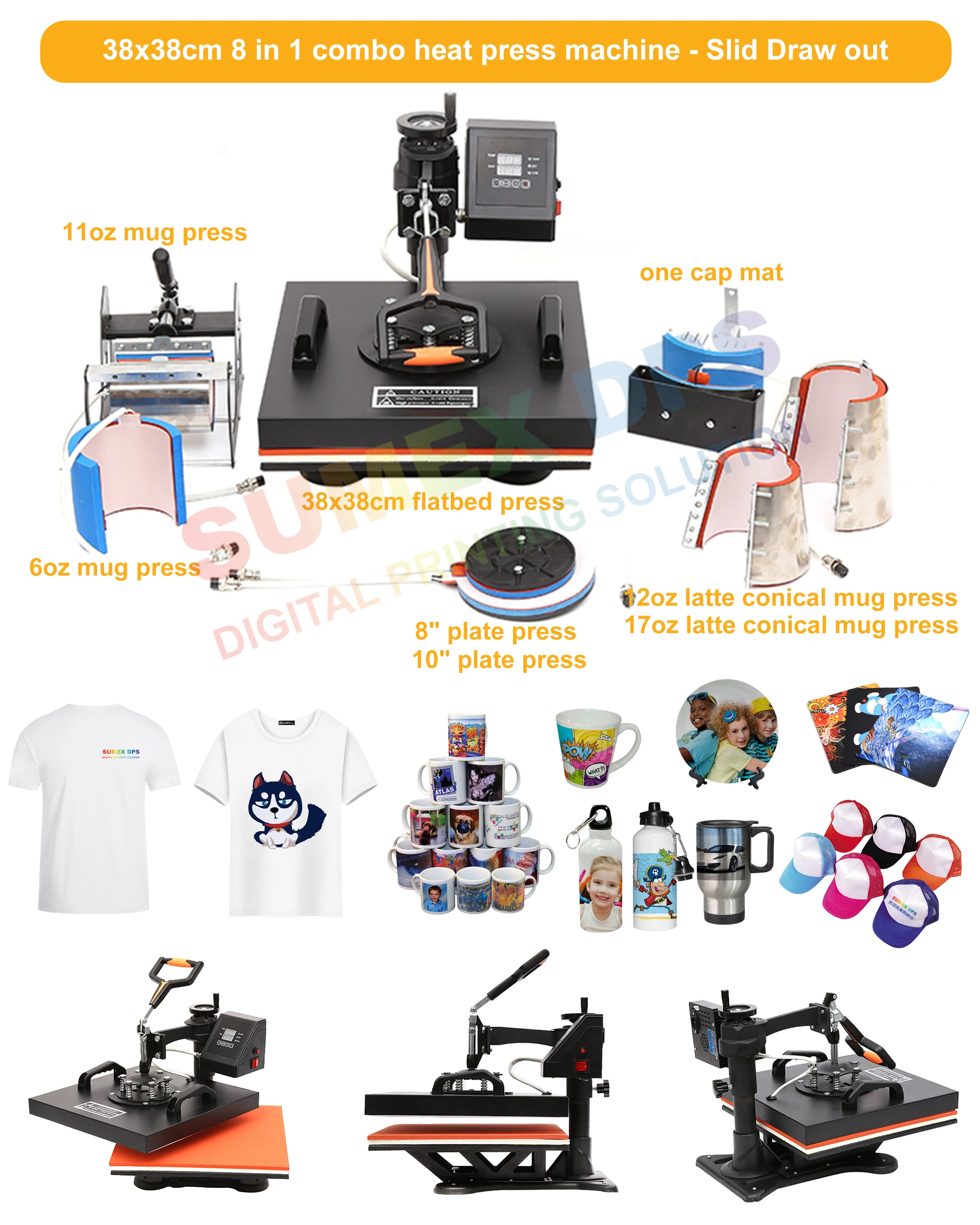 draw out slid flatbed combo 8 in 1 heat press transfer printing