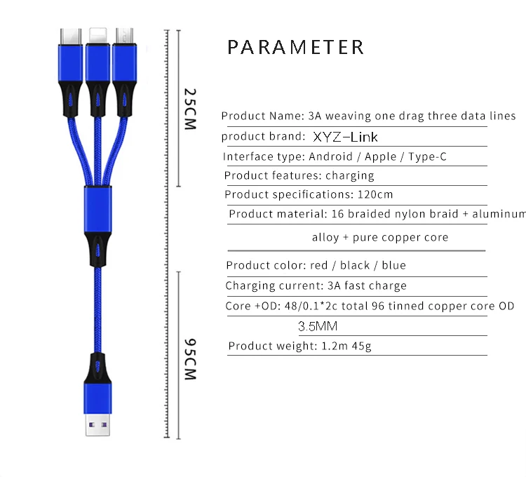 Wholesaler Fashionable Christmas 3A 3 in 1 High Quality Usb Cable For Iphone/Andriod/Type C charger - ANKUX.COM