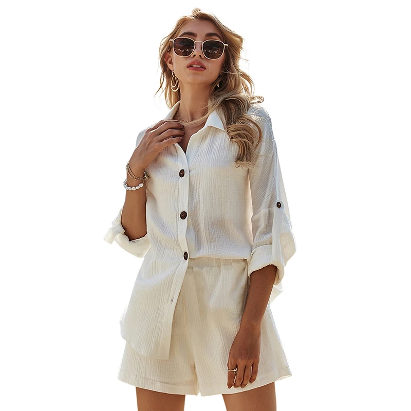 2021 new arrival women's solid color sexy V-neck short-sleeved shirt blous cotton and linen shorts women's plus size casual suit, Customized color
2021 new arrival women's solid color sexy V-neck short-sleeved shirt blous cotton and linen shorts women's plus size casual suit, Customized color
