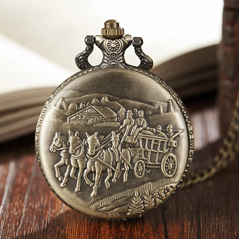 

Ancient Carriage Pocket Watch Fob Chain Necklace Watch Train Horse Engrave Flip Bronze Locket Watch Hour Time Clock (KWT2214), As the picture