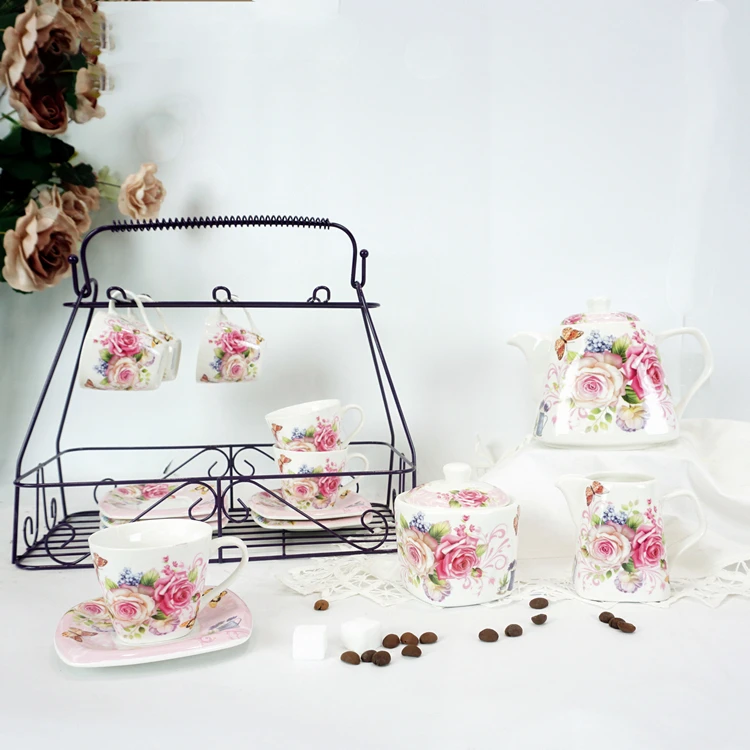 Retail Sale color box pack ceramic coffee pot cup and saucer 15 pcs porcelain coffee set with iron stand
Retail Sale color box pack ceramic coffee pot cup and saucer 15 pcs porcelain coffee set with iron stand