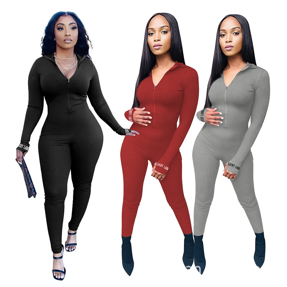 

DUODUOCOLOR New style solid color fashion casual zipper long sleeve v neck summer women jumpsuit 2021 D10473, Red, gray, black