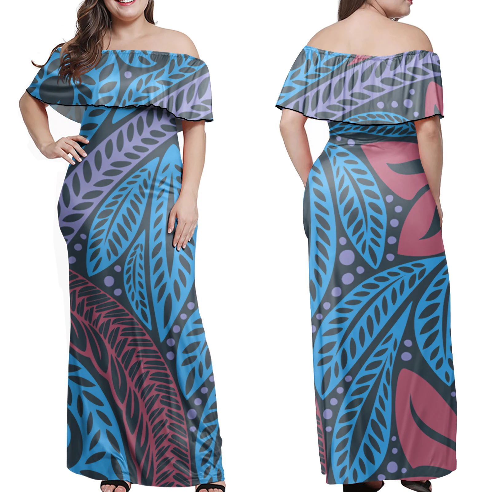 

Hawaii Polynesian Tribal and Tropical Leaves Print Off The Shoulder Ruffle Bodycon Party Maxi Summer Dresses Ladies Women 2021, Customized color