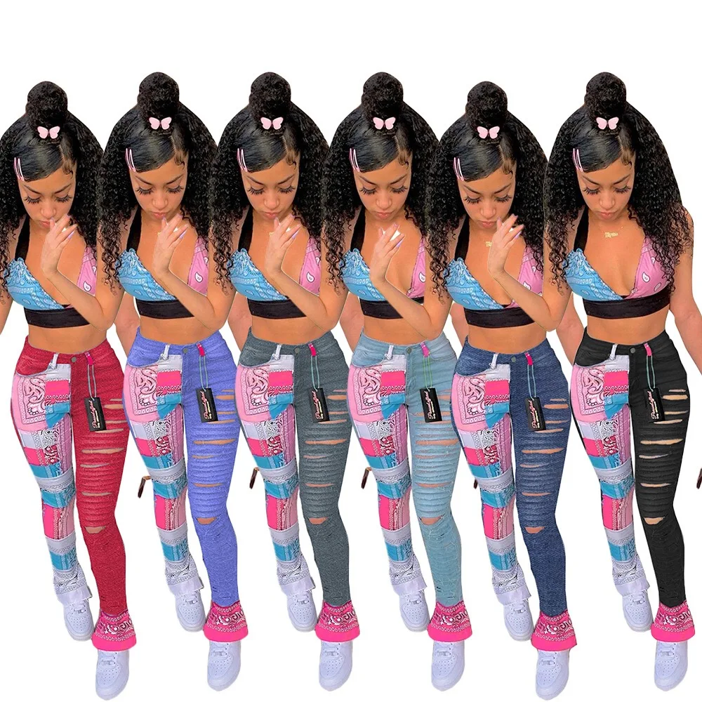 2021 hot sale 4xl women plus size pants fashion denim ripped jeans with paisley bandana patchwork casual trousers, Blue
2021 hot sale 4xl women plus size pants fashion denim ripped jeans with paisley bandana patchwork casual trousers, Blue