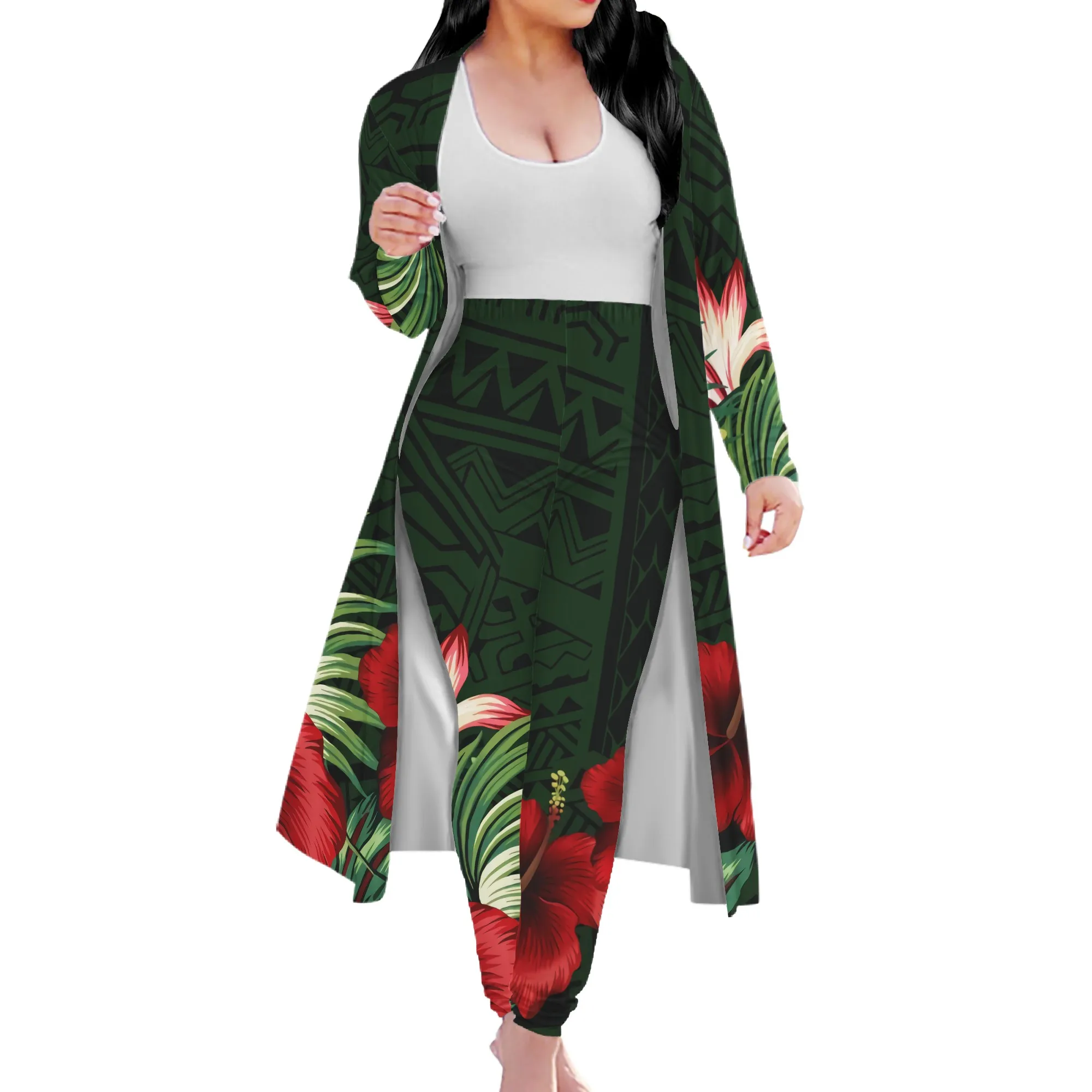 

Custom Green Polynesian Tribal Cardigan Trench Coat & Skinny Long Pants Island Design Hibiscus Flower Kimono Jacket For Women, Customized color