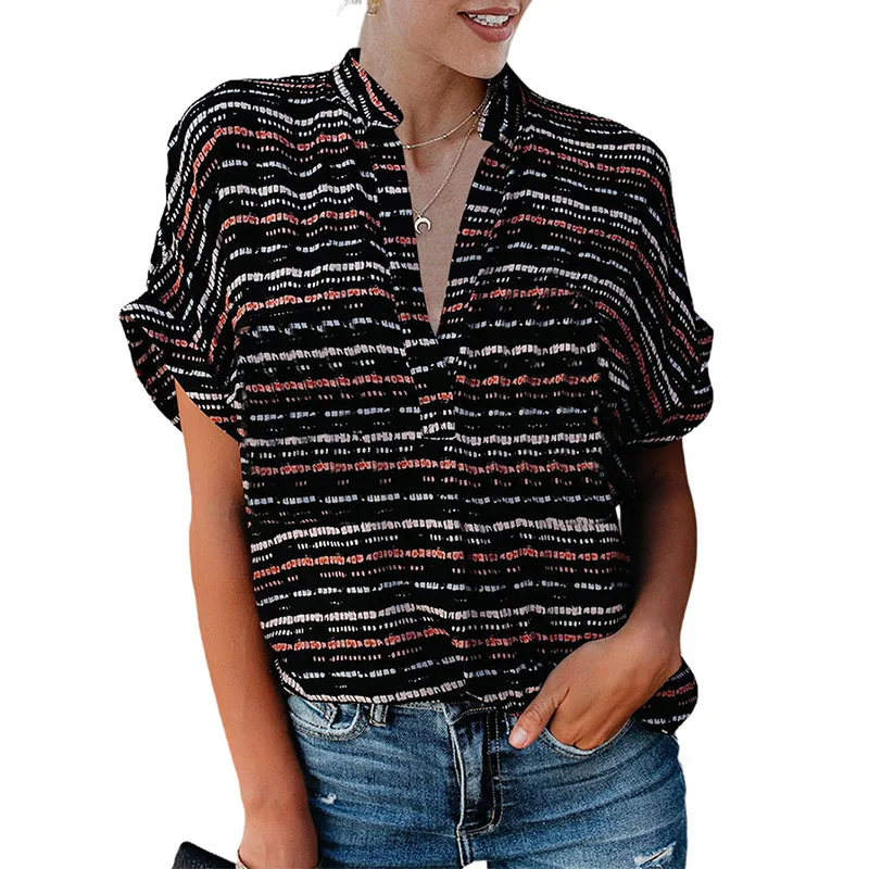 European and American Chiffon Shirt Women Summer European and American Color Striped Pattern V-neck Short-sleeved Ladies Shirt
European and American Chiffon Shirt Women Summer European and American Color Striped Pattern V-neck Short-sleeved Ladies Shirt