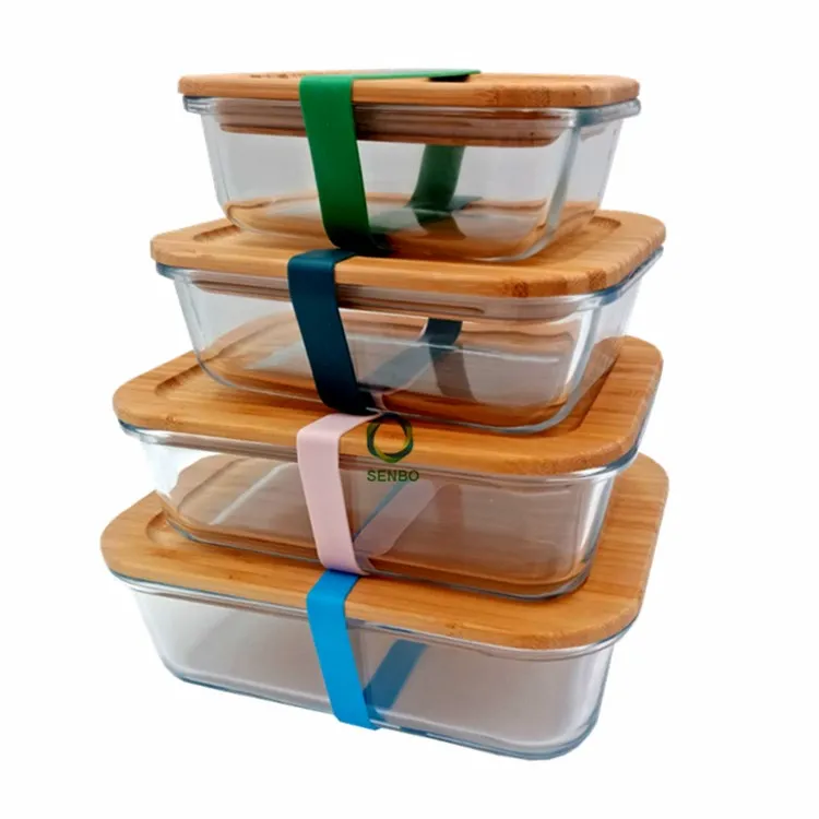 Set Of Glass Food Storage Containers With Silicone Band Bamboo Lids