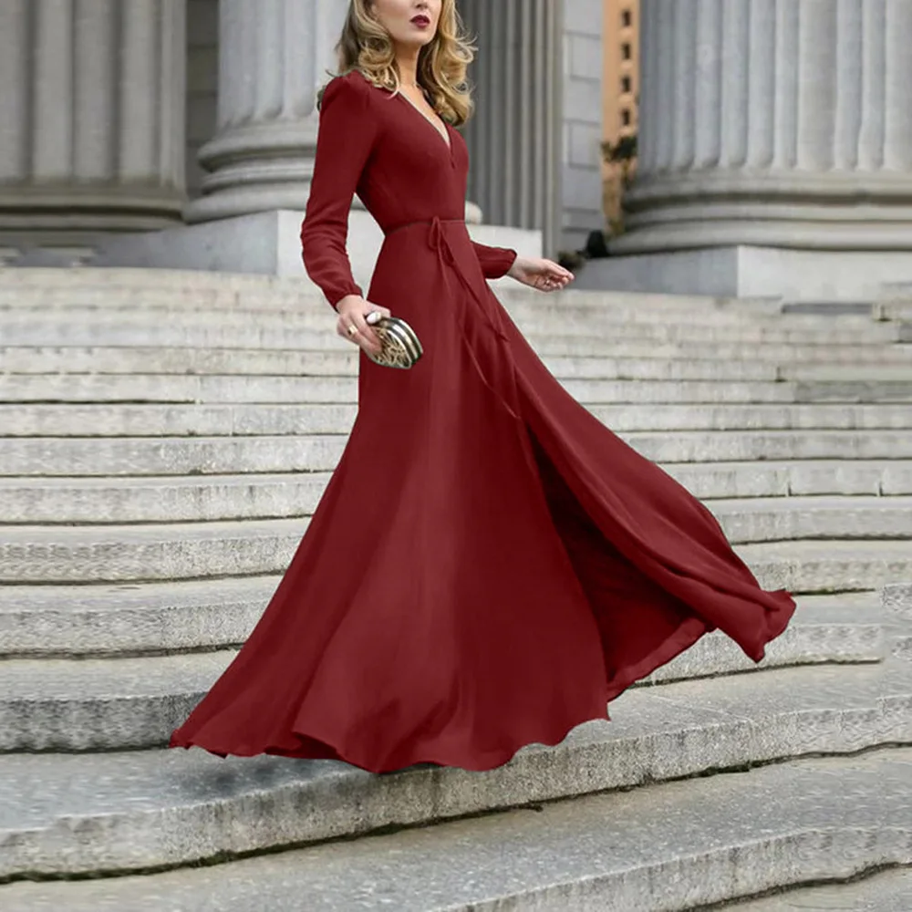 Autumn and winter solid color V-neck tie ladies long-sleeved dress retro fashion evening dress long skirt, Shown
Autumn and winter solid color V-neck tie ladies long-sleeved dress retro fashion evening dress long skirt, Shown
