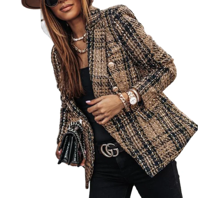 

2021 Fashion Ladies Tops Plaid Blazer Tweed Coat Chaqueta Cuadros Mujer Buttoned Check Lapel Printed Thin women Jacket, 4 colors in stock also accept customized color