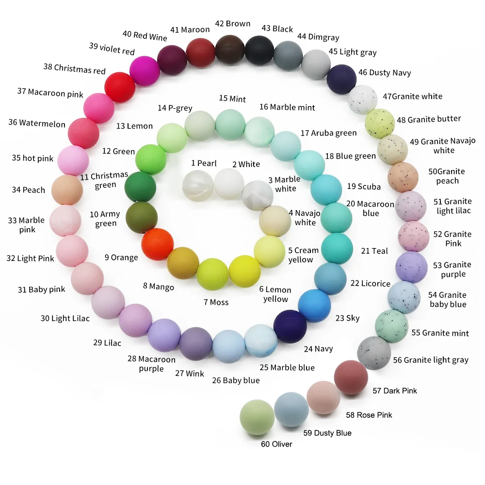 

food grade teething silicone beads round 15mm 20mm flower baby chewing beads, 60 colors