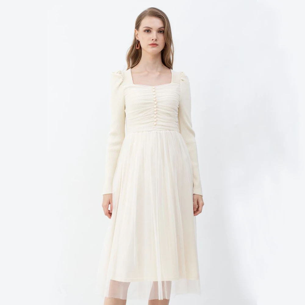 Luxury clothing fashion 2021 square neck long sleeve midi tulle mesh lace ribbed knit dress
Luxury clothing fashion 2021 square neck long sleeve midi tulle mesh lace ribbed knit dress