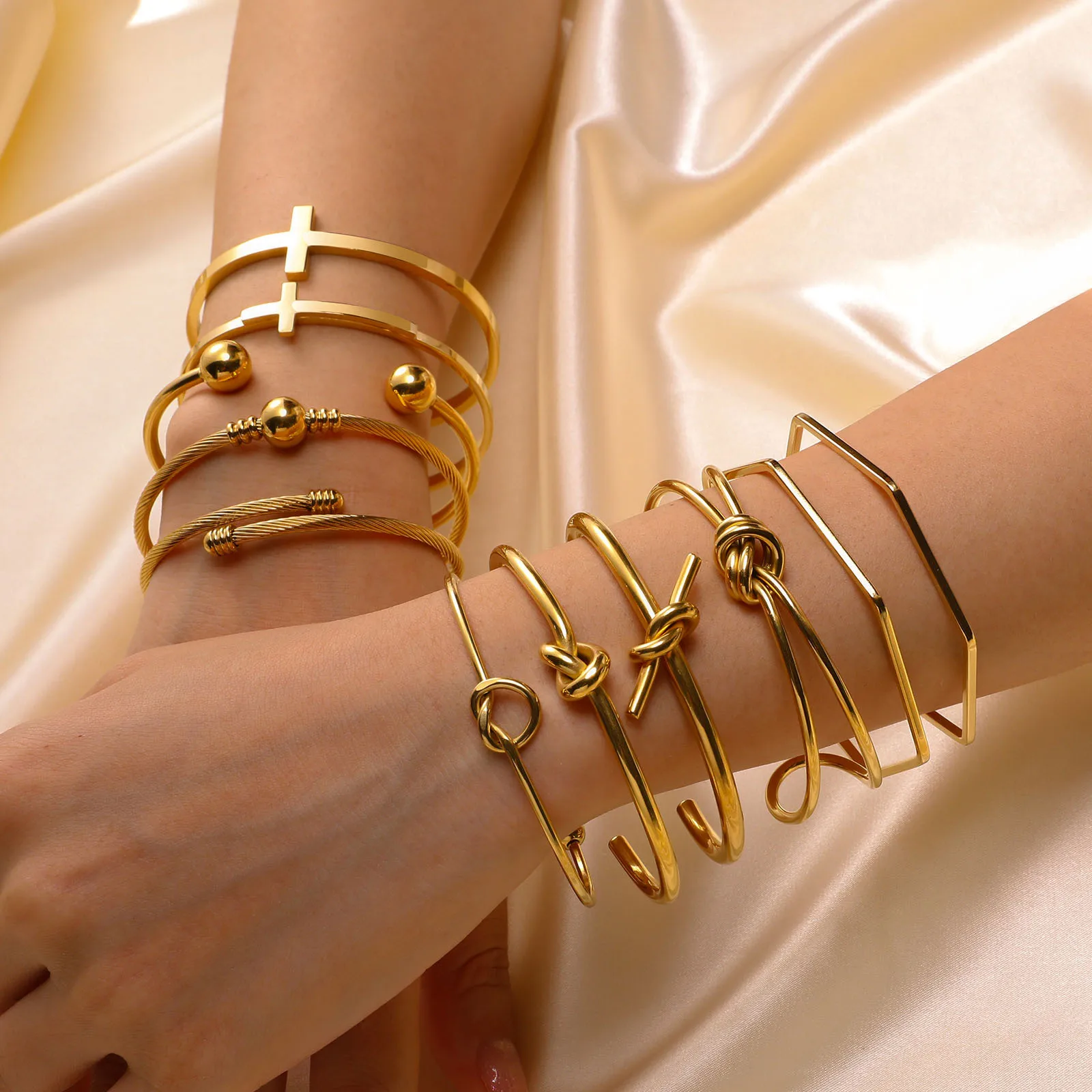 

Minimalist Beads Knot Cross Bracelet Bangle 18K Gold Plated Bracelet Adjustable Stainless Steel C Shape Cuff Bracelet For Women