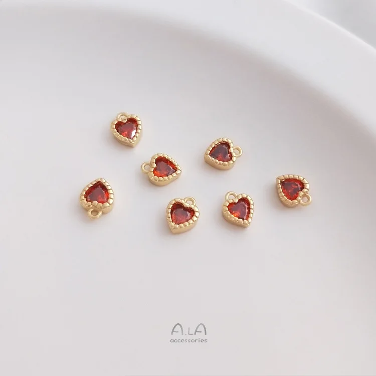 

14k Gold Plated Inlaid Red Zircon Heart Pendant Charms For Handmade Diy Bracelet Jewelry Making