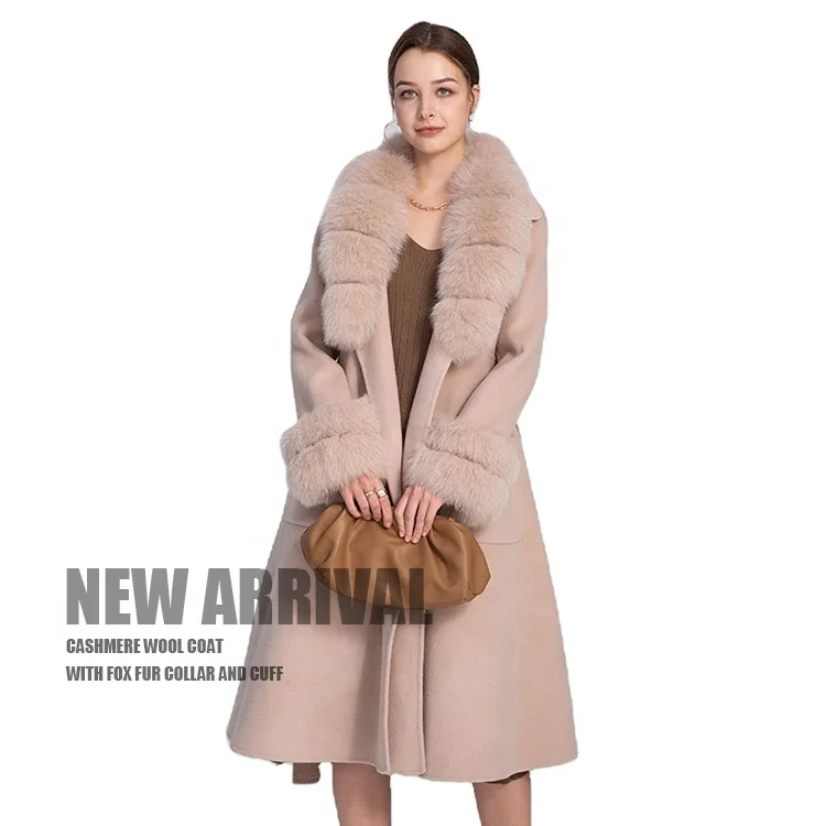 

New Design Detachable Women Cashmere Wool Trench Coat Fashion Woolen Long Coats with Fox Fur Collar, As pictures