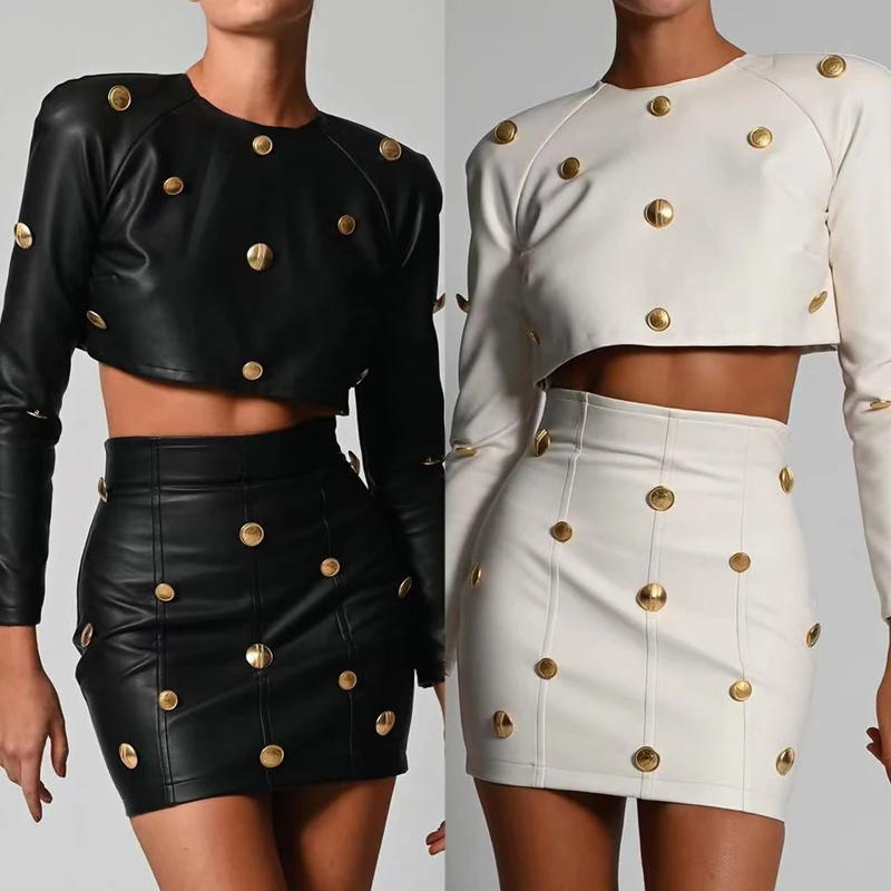 Ladies PU Leather Long Sleeve Short Tops Mini Skirt High Waist Skirt and Tops Sets, Shown
Ladies PU Leather Long Sleeve Short Tops Mini Skirt High Waist Skirt and Tops Sets, Shown