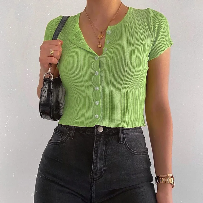 2021 summer new women button cardigan round neck T-shirt wholesale, Black, green, purple, pink, white
2021 summer new women button cardigan round neck T-shirt wholesale, Black, green, purple, pink, white
