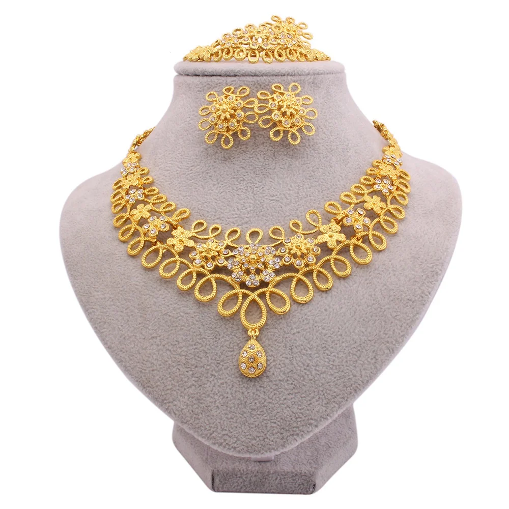 Necklace Earring Bracelet Bedazzled Jewelry Supplies Women Luxury 24K Gold Plated Bridal Wedding Set Wholesale
Necklace Earring Bracelet Bedazzled Jewelry Supplies Women Luxury 24K Gold Plated Bridal Wedding Set Wholesale