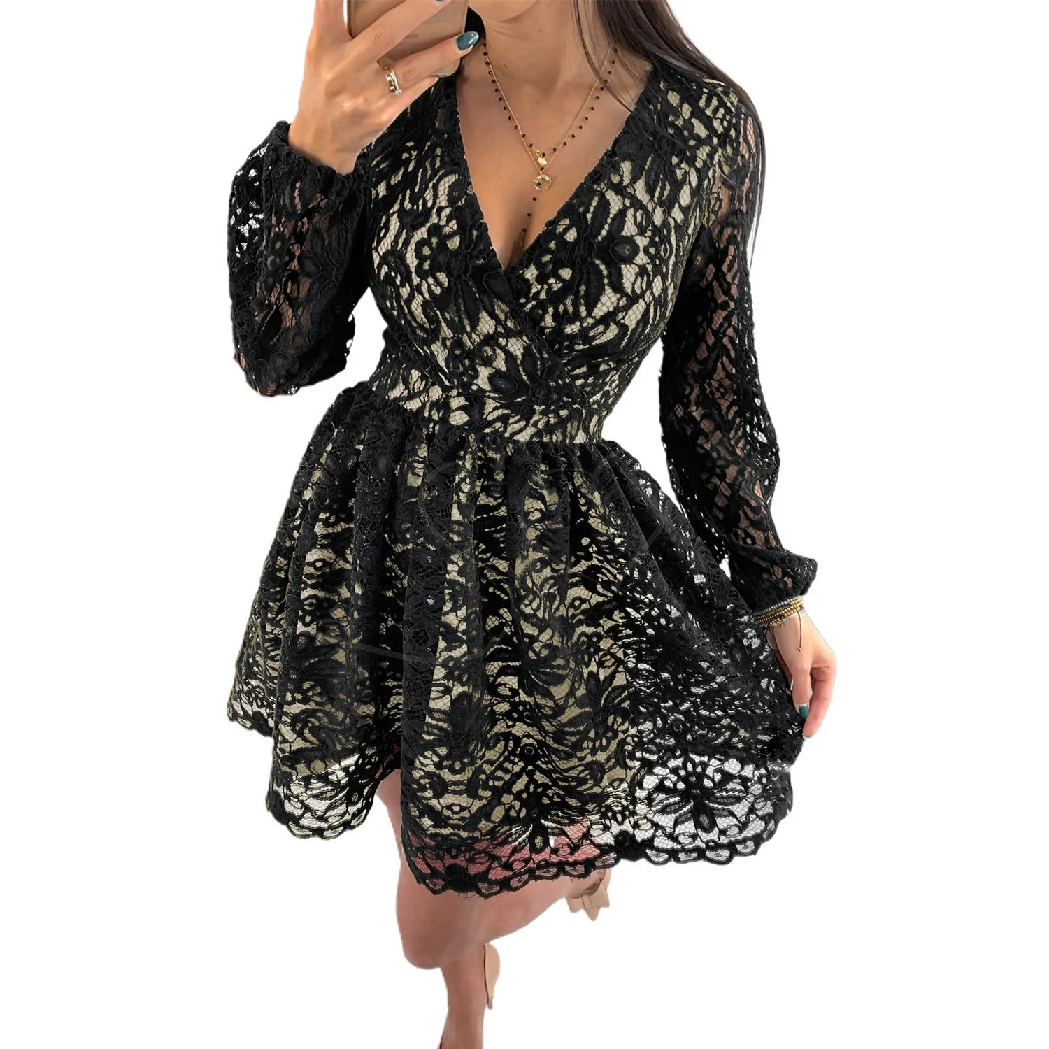 No Moq Wholesale V Neck High Waist Elegant Lace Mini Skater Dresses for Women, Black, wine red
No Moq Wholesale V Neck High Waist Elegant Lace Mini Skater Dresses for Women, Black, wine red