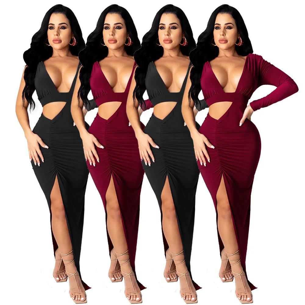 2021 Summer Sexy deep V open waist split pleated one piece dress 
2021 Summer Sexy deep V open waist split pleated one piece dress