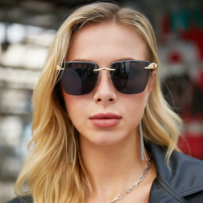 

Fashion Newest Designer Leopard Head Sunglasses Metal Frameless Ladies Shades Sun Glasses Cheetah Rimless Women Sunglasses